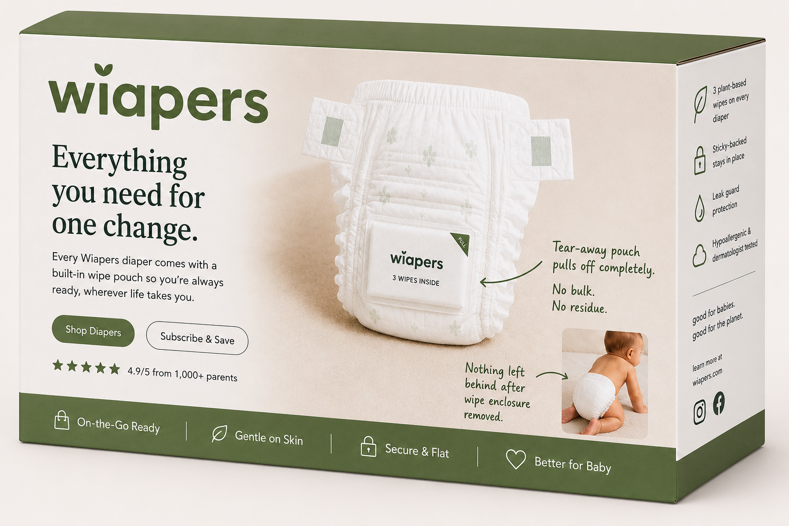 Wiapers box showing wipes integrated with each diaper