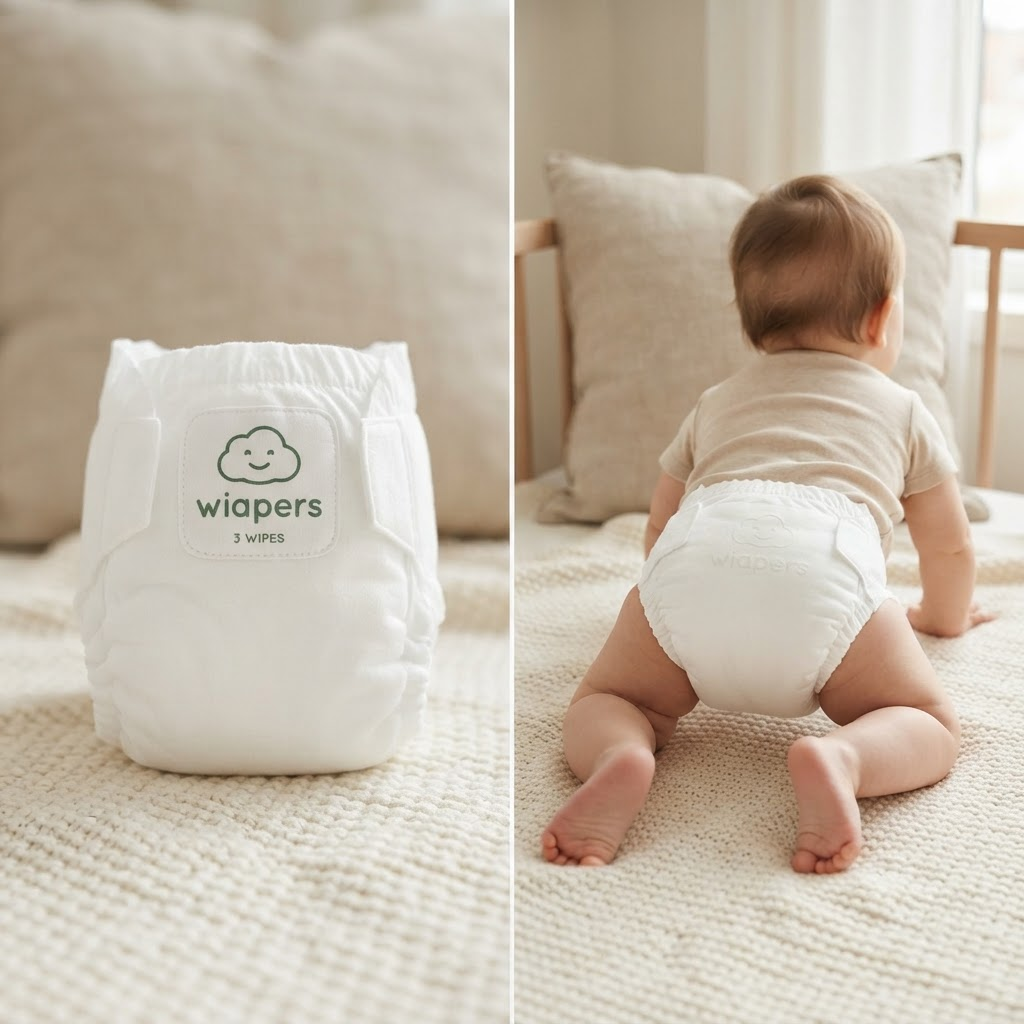 Wiapers diaper with built-in wipe enclosure, shown on a baby